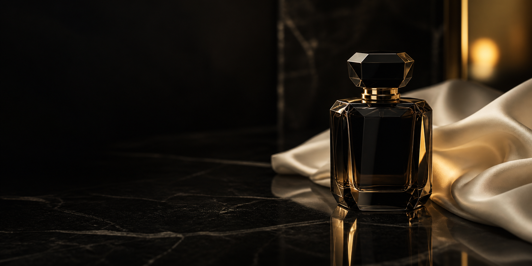Frasco de perfume em vidro escuro sobre pedra e seda